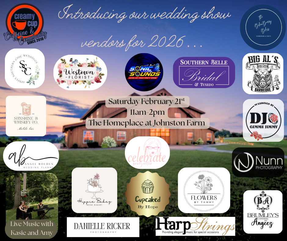 Promo graphic showing logos of participating vendors at our February 2026 Wedding Show
